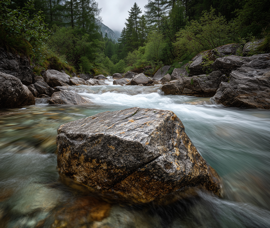 Großer Stein liegt in einem Fluss