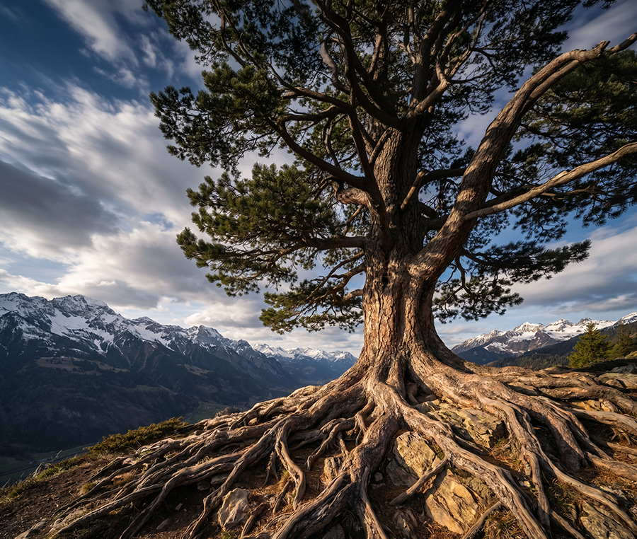 A large tree on a mountain peak